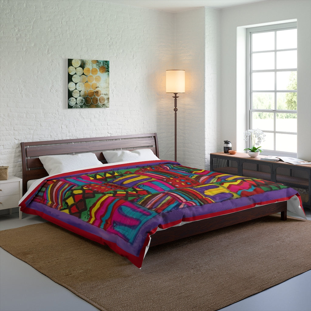Comforter: Psychedelic Calendar(tm) - Vibrant - 104x88 - MiE Designs Shop. Barely visible red edges around calendar. Bedroom