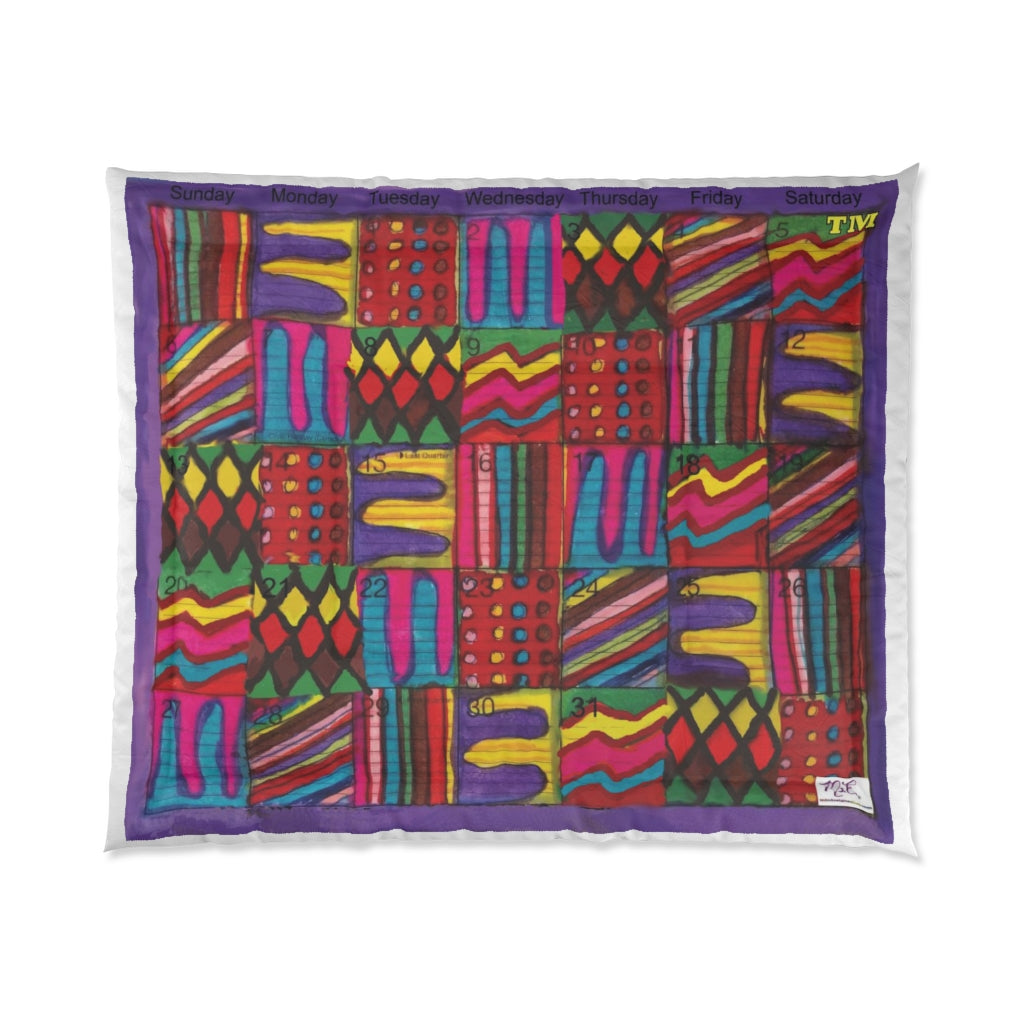 Comforter: Psychedelic Calendar(tm) - Vibrant - 104x88 - MiE Designs Shop. Barely visible white edges around calendar. Flat