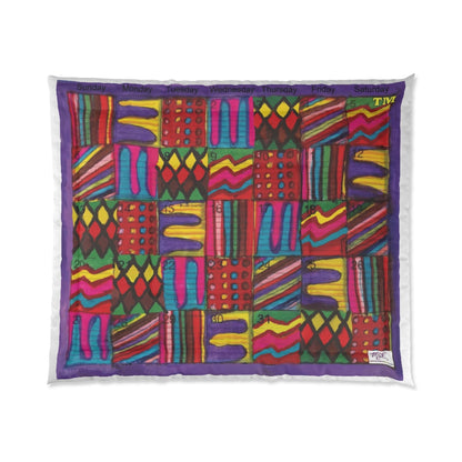Comforter: Psychedelic Calendar(tm) - Vibrant - 104x88 - MiE Designs Shop. Barely visible white edges around calendar. Flat