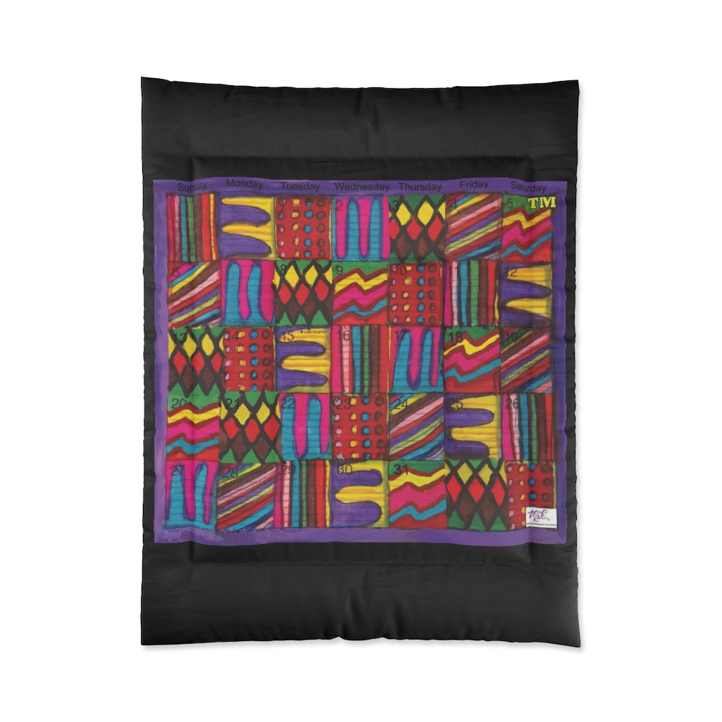 Comforter: Psychedelic Calendar(tm) - Vibrant - 68x88 - MiE Designs Shop. Thick black bars above/below calendar. Flat