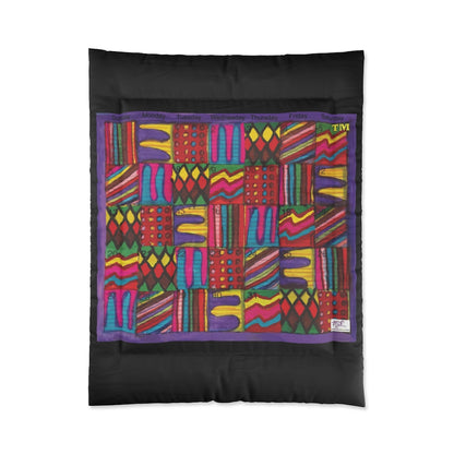 Comforter: Psychedelic Calendar(tm) - Vibrant - 68x88 - MiE Designs Shop. Thick black bars above/below calendar. Flat