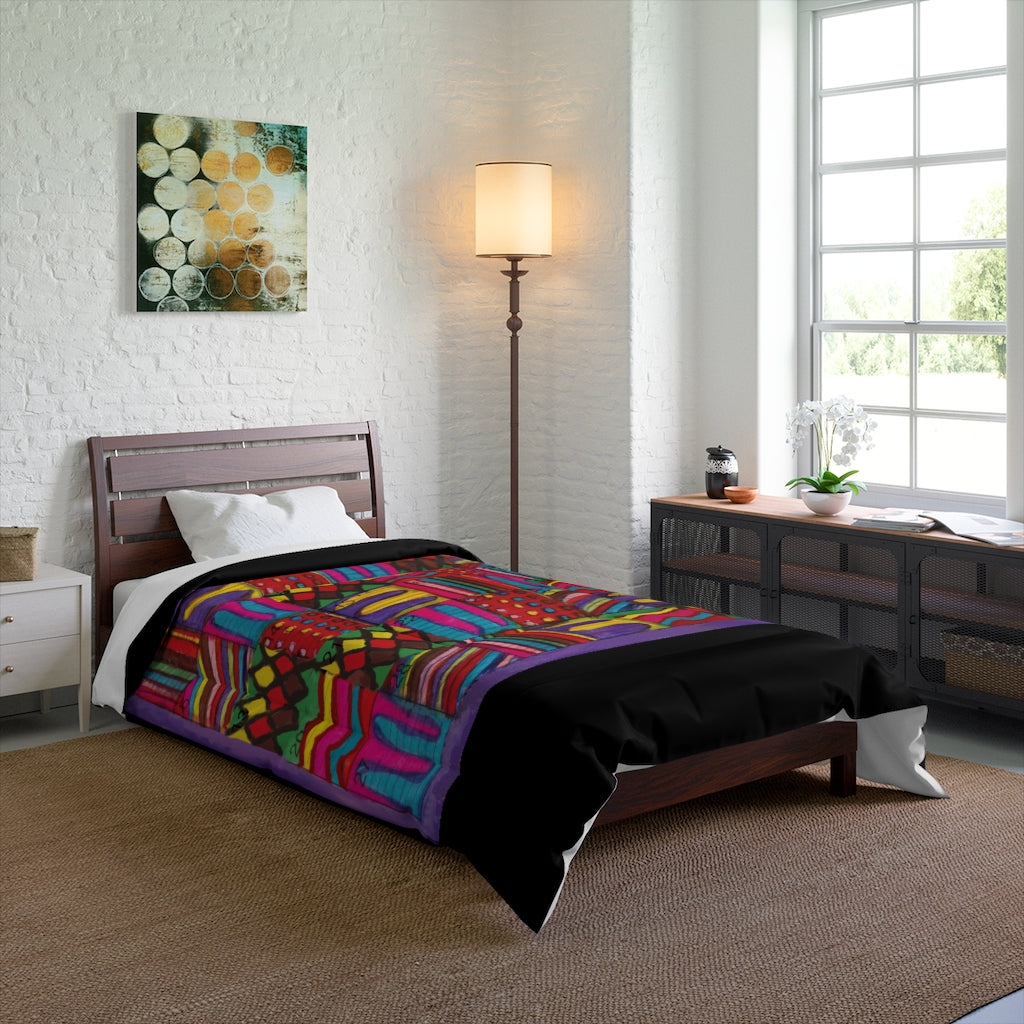 Comforter: Psychedelic Calendar(tm) - Vibrant - 68x88 - MiE Designs Shop. Thick black bars above/below calendar. Bedroom