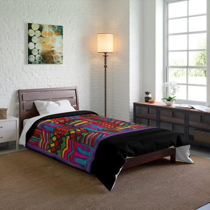 Comforter: Psychedelic Calendar(tm) - Vibrant - 68x88 - MiE Designs Shop. Thick black bars above/below calendar. Bedroom