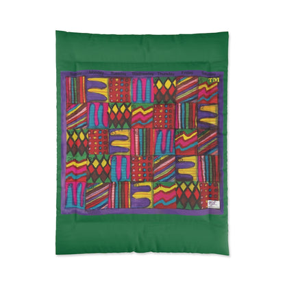 Comforter: Psychedelic Calendar(tm) - Vibrant - 68x88 - MiE Designs Shop. Thick dark green bars above/below calendar. Flat
