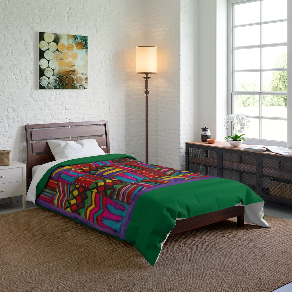 Comforter: Psychedelic Calendar(tm) - Vibrant - 68x88 - MiE Designs Shop. Thick dark green bars above/below calendar. Bedroom