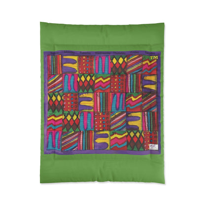 Comforter: Psychedelic Calendar(tm) - Vibrant - 68x88 - MiE Designs Shop. Thick green bars above/below calendar. Flat