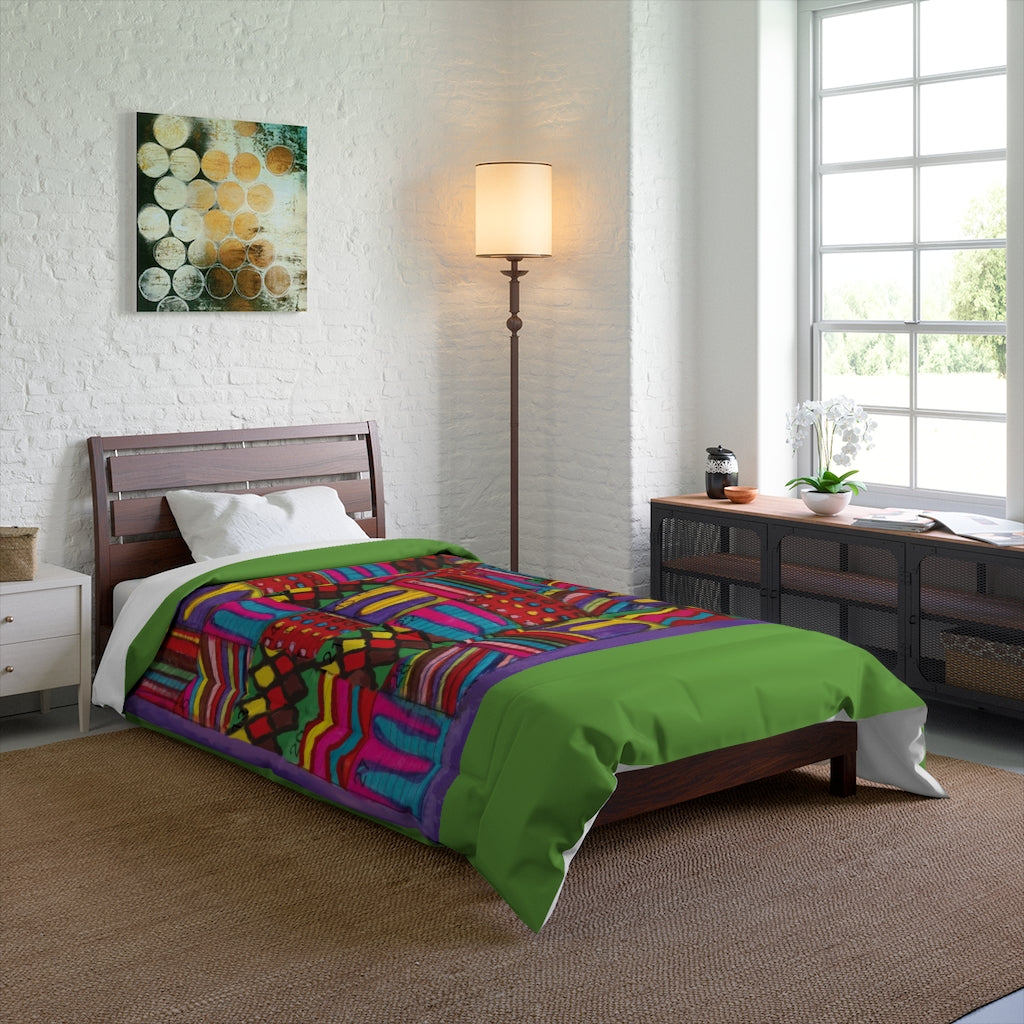 Comforter: Psychedelic Calendar(tm) - Vibrant - 68x88 - MiE Designs Shop. Thick green bars above/below calendar. Bedroom