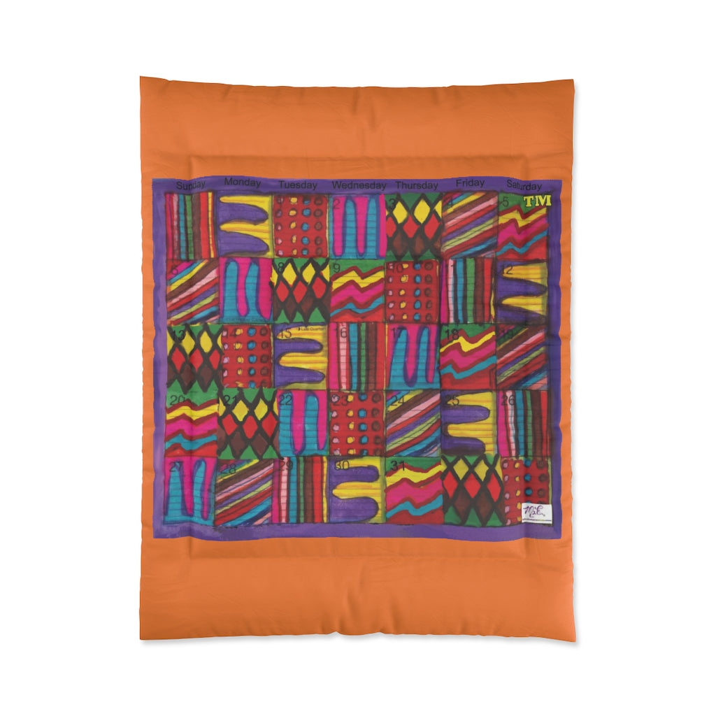 Comforter: Psychedelic Calendar(tm) - Vibrant - 68x88 - MiE Designs Shop. Thick orange bars above/below calendar. Flat