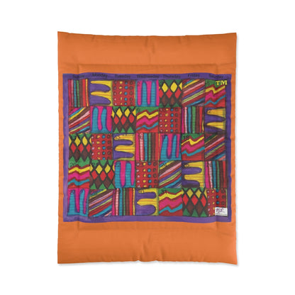 Comforter: Psychedelic Calendar(tm) - Vibrant - 68x88 - MiE Designs Shop. Thick orange bars above/below calendar. Flat