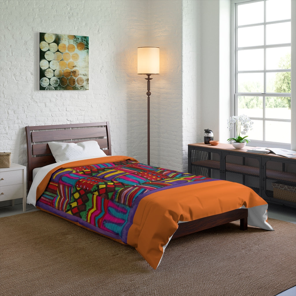 Comforter: Psychedelic Calendar(tm) - Vibrant- 68x88 - MiE Designs Shop. Thick orange bars above/below calendar. Bedroom