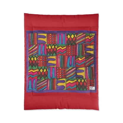 Comforter: Psychedelic Calendar(tm) - Vibrant - 68x88 - MiE Designs Shop. Thick red bars above/below calendar. Flat