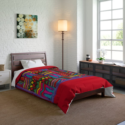 Comforter: Psychedelic Calendar(tm) - Vibrant - 68x88 - MiE Designs Shop. Thick red bars above/below calendar. Bedroom
