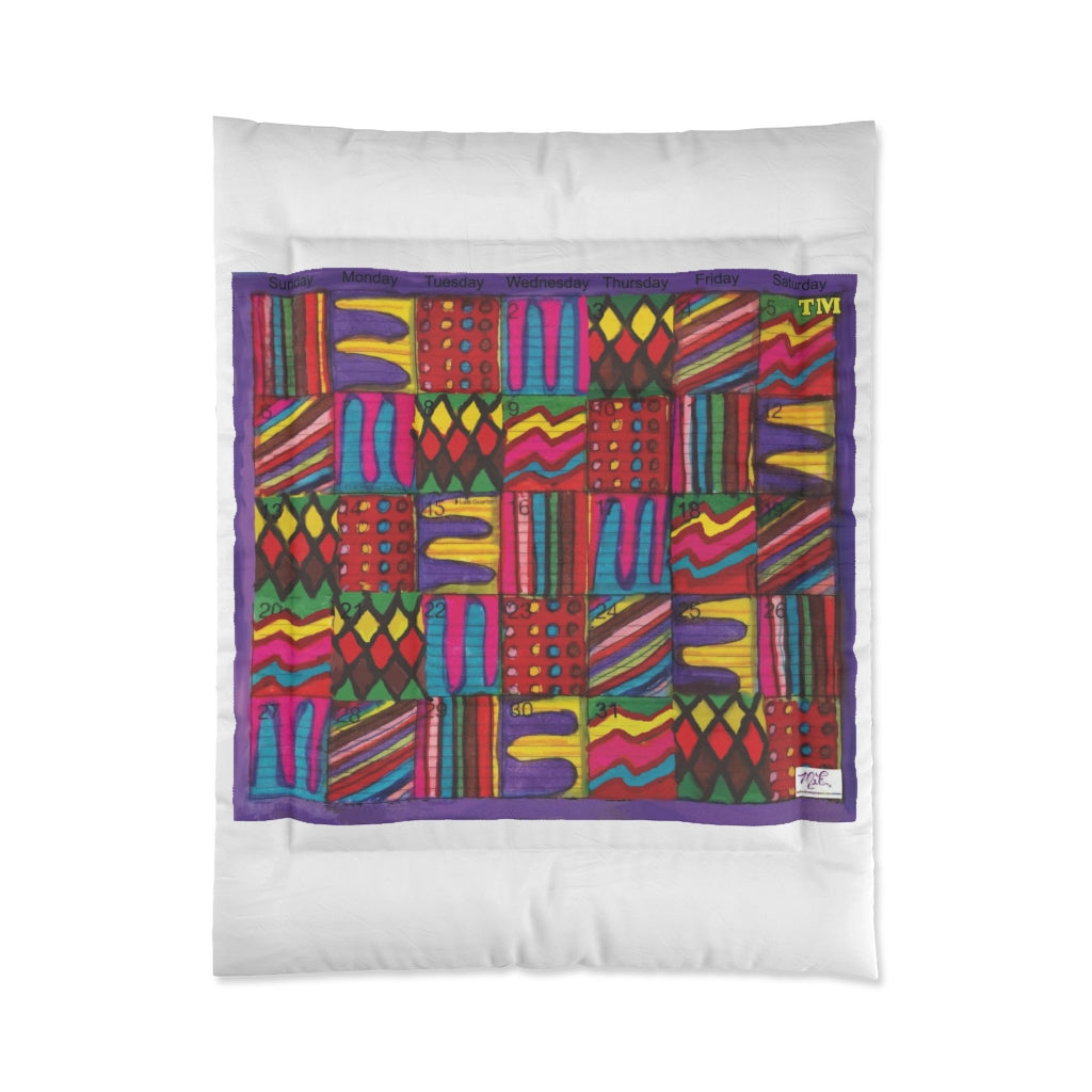 Comforter: Psychedelic Calendar(tm) - Vibrant - 68x88 - MiE Designs Shop. Thick white bars above/below calendar. Flat