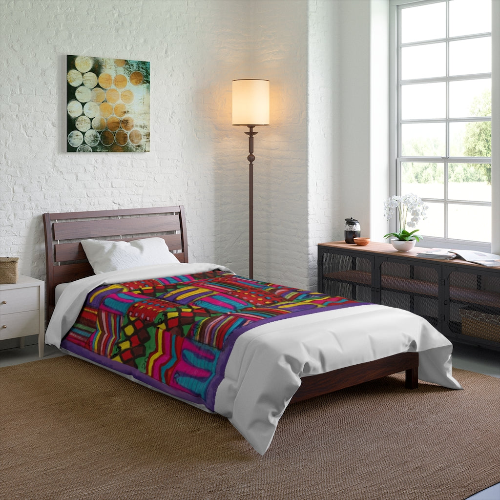 Comforter: Psychedelic Calendar(tm) - Vibrant- 68x88 - MiE Designs Shop. Thick white bars above/below calendar. Bedroom