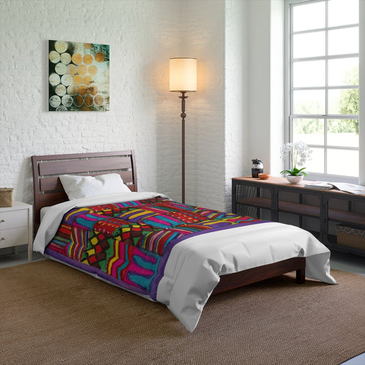Comforter: Psychedelic Calendar(tm) - Vibrant- 68x88 - MiE Designs Shop. Thick white bars above/below calendar. Bedroom
