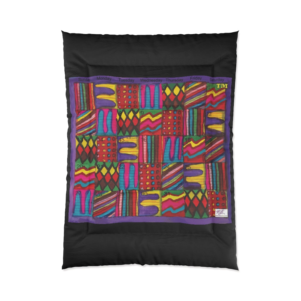 Comforter: Psychedelic Calendar(tm) - Vibrant - 68x92 - MiE Designs Shop. Thick black bars above/below calendar. Flat