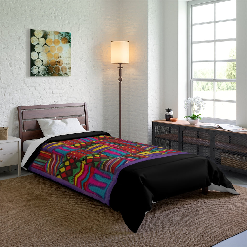 Comforter: Psychedelic Calendar(tm) - Vibrant - 68x92 - MiE Designs Shop. Thick black bars above/below calendar. Bedroom