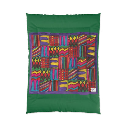 Comforter: Psychedelic Calendar(tm) - Vibrant - 68x92 - MiE Designs Shop. Thick dark green bars above/below calendar. Flat