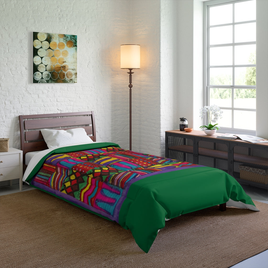 Comforter: Psychedelic Calendar(tm) - Vibrant - 68x92 - MiE Designs Shop. Thick dark green bars above/below calendar. Bedroom