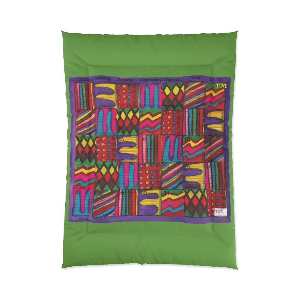 Comforter: Psychedelic Calendar(tm) - Vibrant - 68x92 - MiE Designs Shop. Thick green bars above/below calendar. Flat