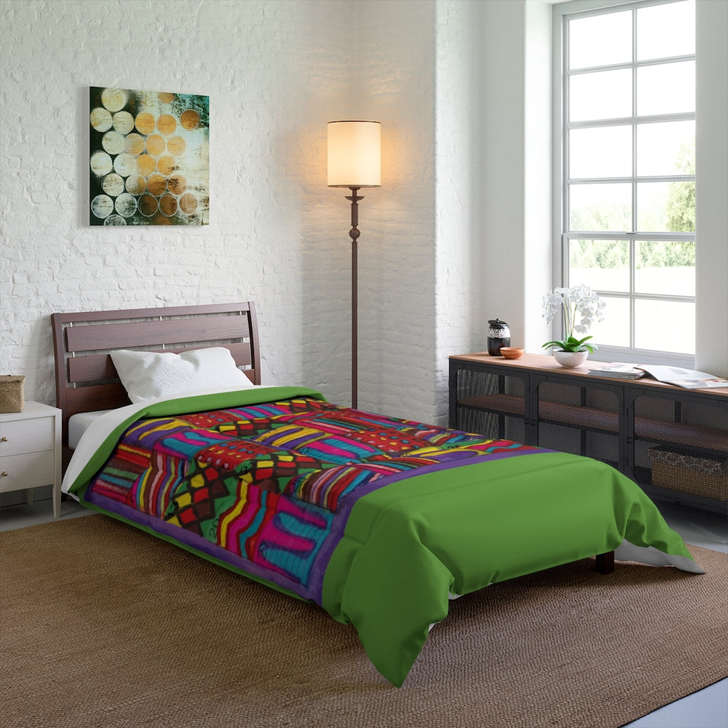 Comforter: Psychedelic Calendar(tm) - Vibrant - 68x92 - MiE Designs Shop. Thick green bars above/below calendar. Bedroom