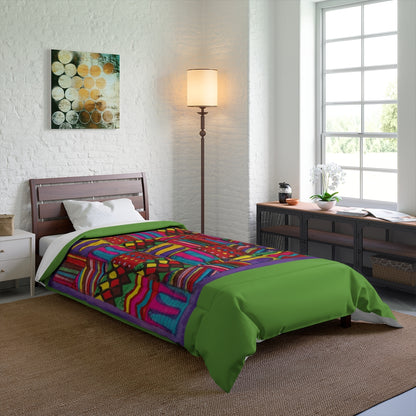 Comforter: Psychedelic Calendar(tm) - Vibrant - 68x92 - MiE Designs Shop. Thick green bars above/below calendar. Bedroom