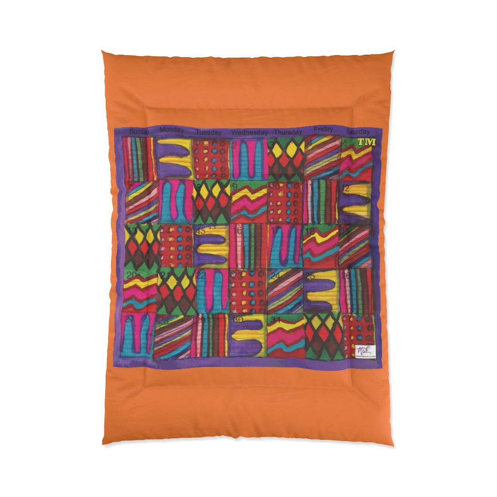 Comforter: Psychedelic Calendar(tm) - Vibrant - 68x92 - MiE Designs Shop. Thick orange bars above/below calendar. Flat