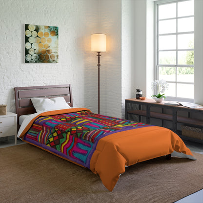 Comforter: Psychedelic Calendar(tm) - Vibrant - 68x92 - MiE Designs Shop. Thick orange bars above/below calendar. Bedroom