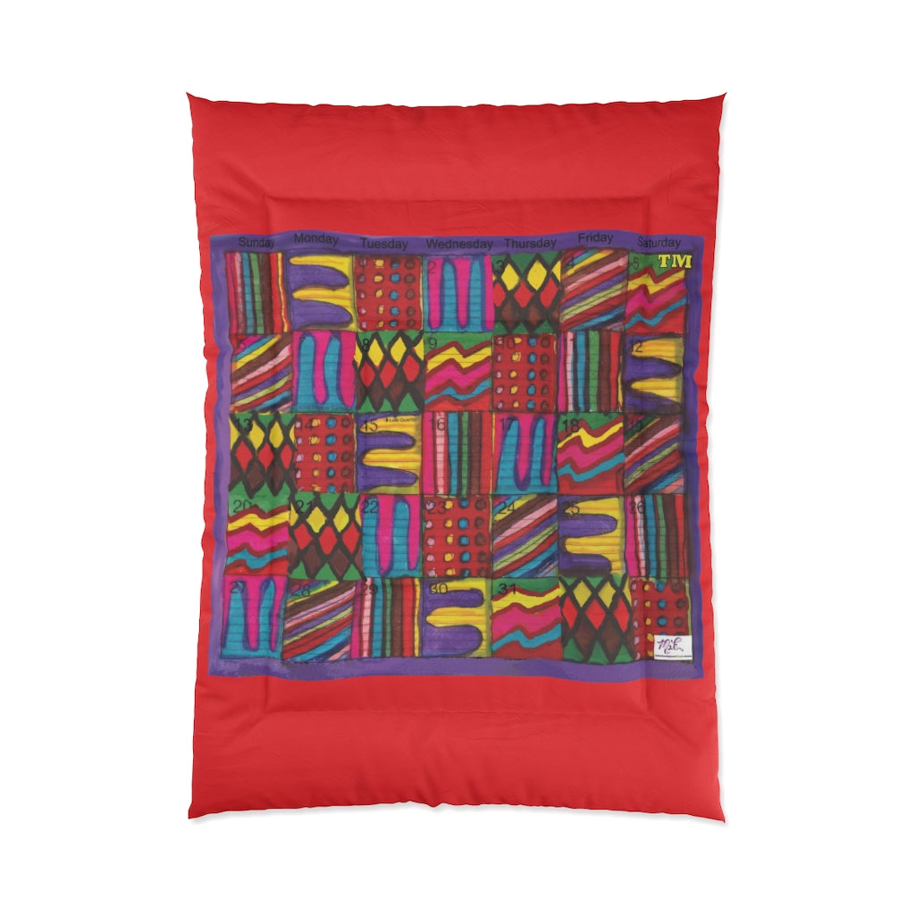 Comforter: Psychedelic Calendar(tm) - Vibrant - 68x92 - MiE Designs Shop. Thick raspberry bars above/below calendar. Flat