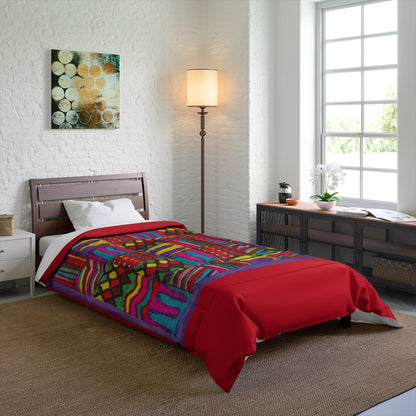 Comforter: Psychedelic Calendar(tm) - Vibrant - 68x92 - MiE Designs Shop. Thick red bars above/below calendar. Bedroom
