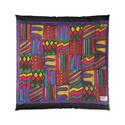 Comforter: Psychedelic Calendar(tm) - Vibrant - 88x88 - MiE Designs Shop. Thin black bars above/below calendar. Flat