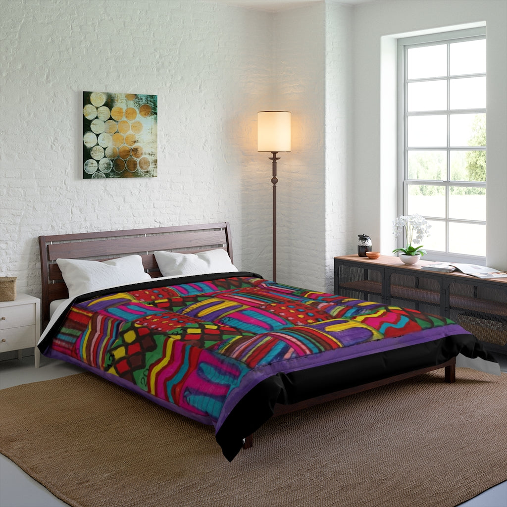 Comforter: Psychedelic Calendar(tm) - Vibrant - 88x88 - MiE Designs Shop. Thin black bars above/below calendar. Bedroom