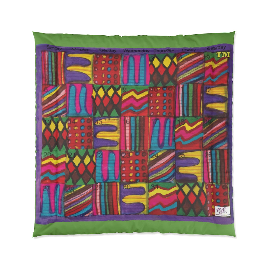 Comforter: Psychedelic Calendar(tm) - Vibrant - 88x88 - MiE Designs Shop. Thin green bars above/below calendar. Flat