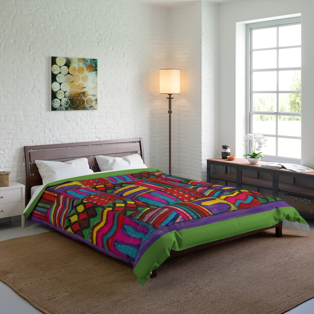 Comforter: Psychedelic Calendar(tm) - Vibrant - 88x88 - MiE Designs Shop. Thin green bars above/below calendar. Bedroom