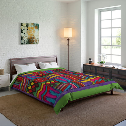 Comforter: Psychedelic Calendar(tm) - Vibrant - 88x88 - MiE Designs Shop. Thin green bars above/below calendar. Bedroom