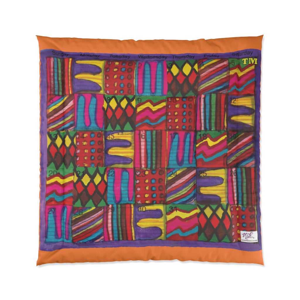 Comforter: Psychedelic Calendar(tm) - Vibrant - 88x88 - MiE Designs Shop. Thin orange bars above/below calendar. Flat