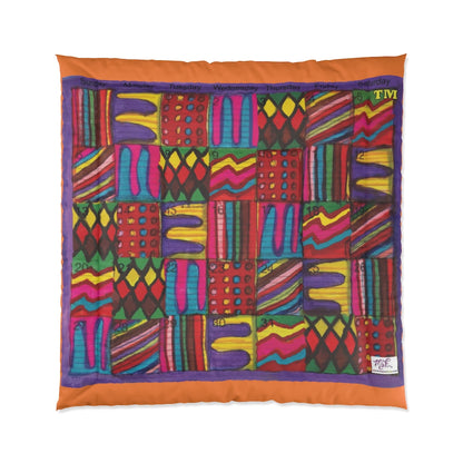Comforter: Psychedelic Calendar(tm) - Vibrant - 88x88 - MiE Designs Shop. Thin orange bars above/below calendar. Flat