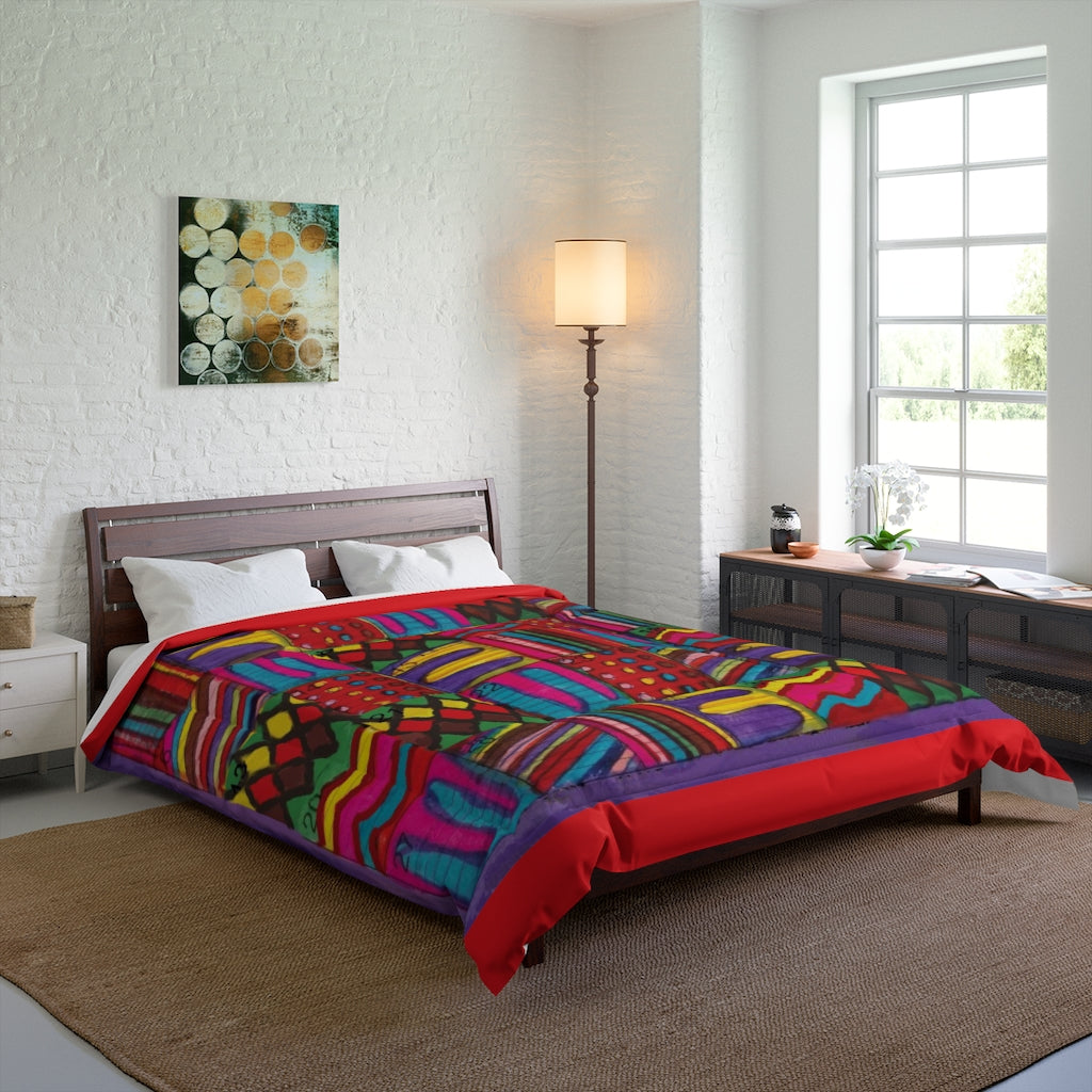 Comforter: Psychedelic Calendar(tm) - Vibrant - 88x88 - MiE Designs Shop. Thin raspberry bars above/below calendar. Bedroom