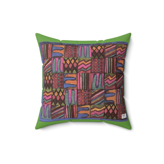 Faux Suede Square Pillow: Psychedelic Calendar(tm) - Muted - Doublesided - MiE Designs Shop. Multicolor drawings fill the days in a calendar. Green border.