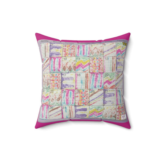 Faux Suede Square Pillow: Psychedelic Calendar(tm) - Seeped - Doublesided - MiE Designs Shop. Multicolor drawings fill the days in a calendar. Pink border.