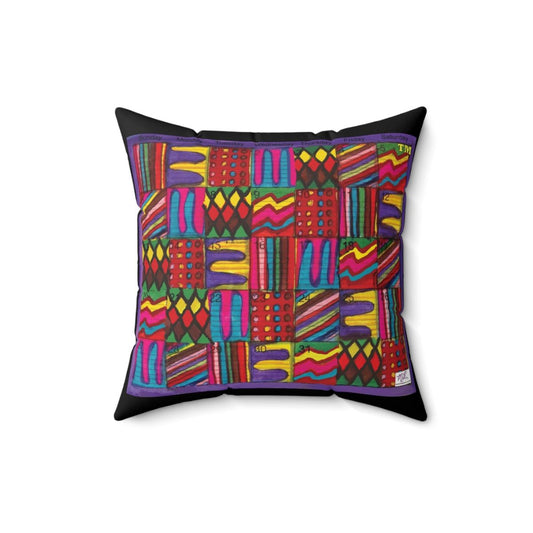 Faux Suede Square Pillow: Psychedelic Calendar(tm) - Vibrant - Doublesided - MiE Designs Shop. Multicolor drawings fill the days in a calendar. Black border.