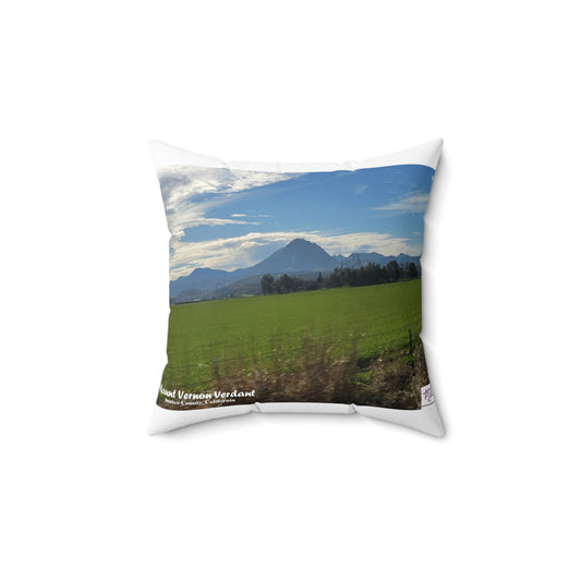 Faux Suede Square Pillow - Mount_Vernon_Verdant_Reflect- MiE Designs Shop miedesignsshop.com Mt. Vernon over green fields appears on the front.