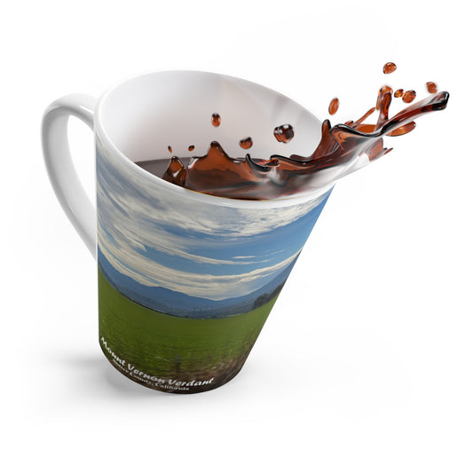 Latte Mug-Mount_Vernon_Verdant-MiE Designs Shop miedesignsshop.com High above a grassy meadow, Mount Vernon in Sutter Co. Concept