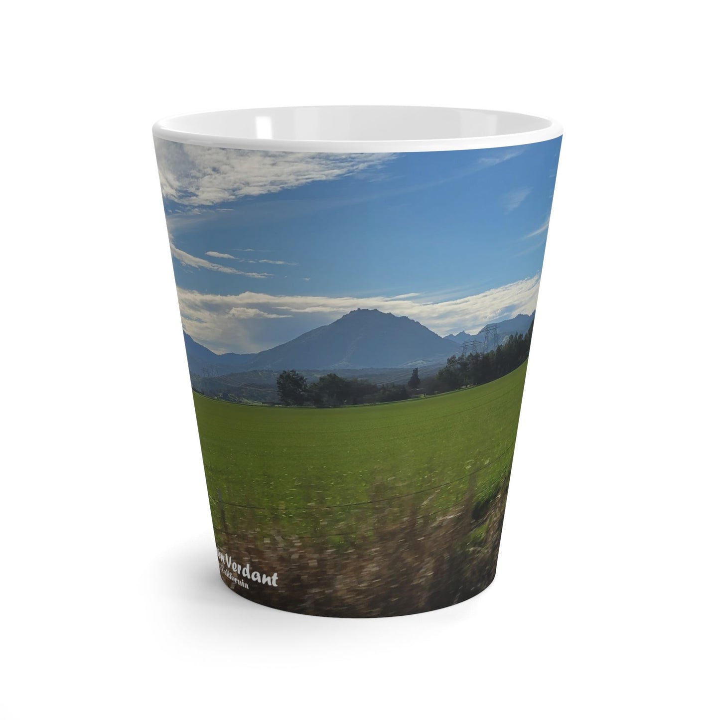 Latte Mug-Mount_Vernon_Verdant-MiE Designs Shop miedesignsshop.com High above a grassy meadow, Mount Vernon in Sutter Co. Center
