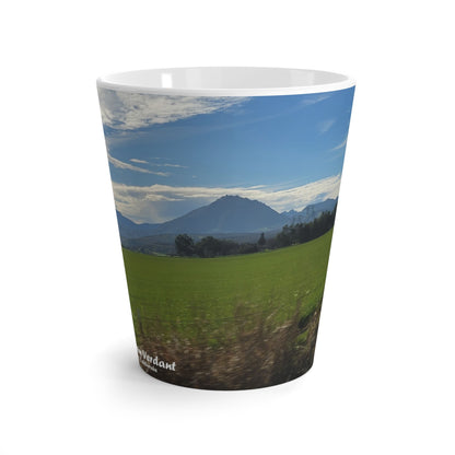 Latte Mug-Mount_Vernon_Verdant-MiE Designs Shop miedesignsshop.com High above a grassy meadow, Mount Vernon in Sutter Co. Center