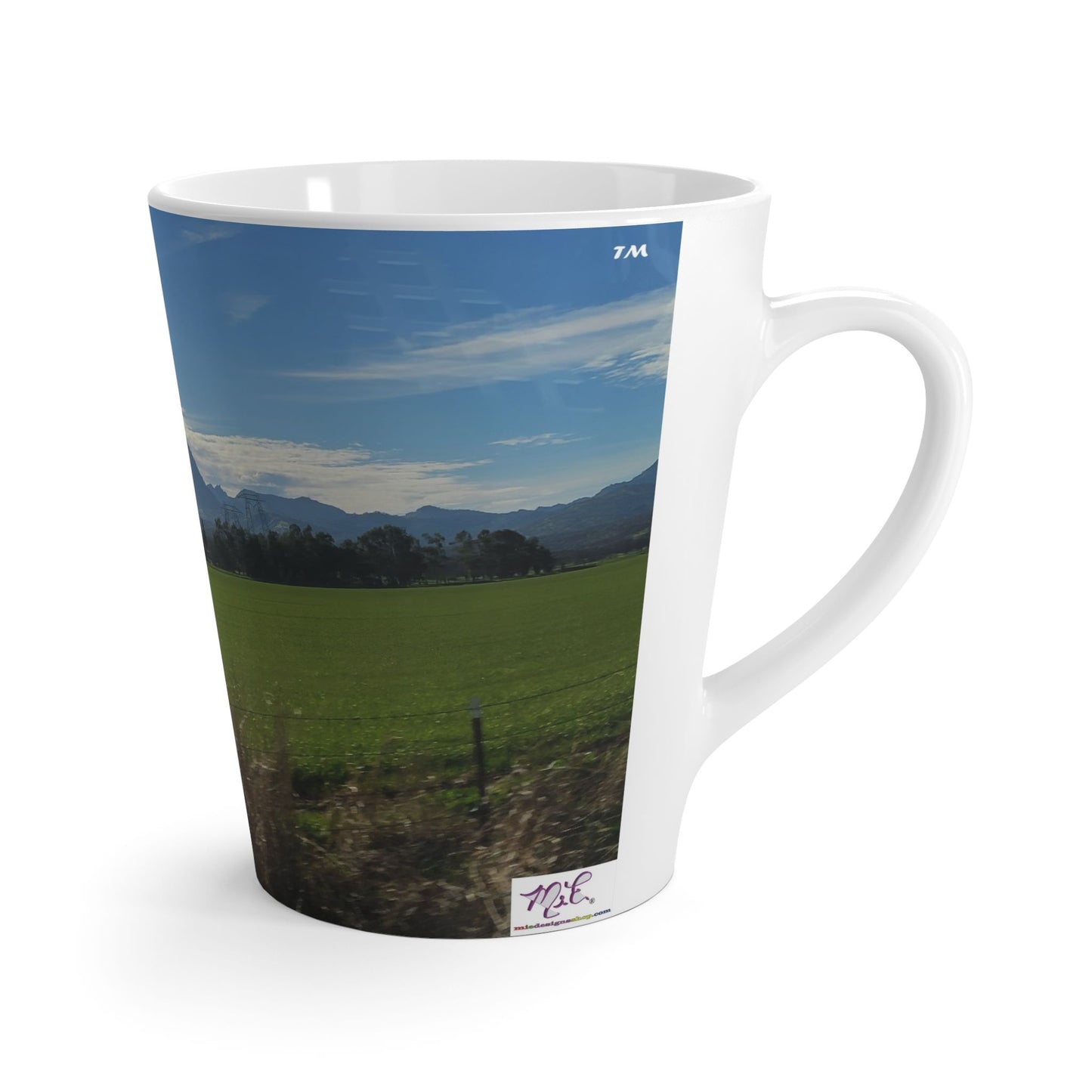 Latte Mug-Mount_Vernon_Verdant-MiE Designs Shop miedesignsshop.com High above a grassy meadow, Mount Vernon in Sutter Co. Right