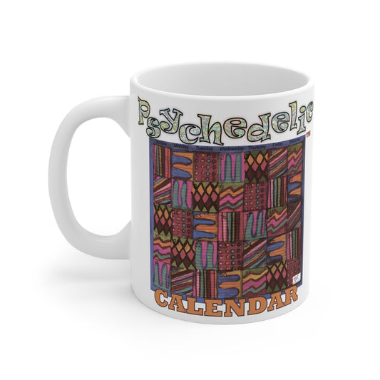 Mug 11oz: Psychedelic Calendar(tm)-Muted- MiE Designs Shop. Subdued mazes switch day2day, Glittery top letters, block style below. Left view