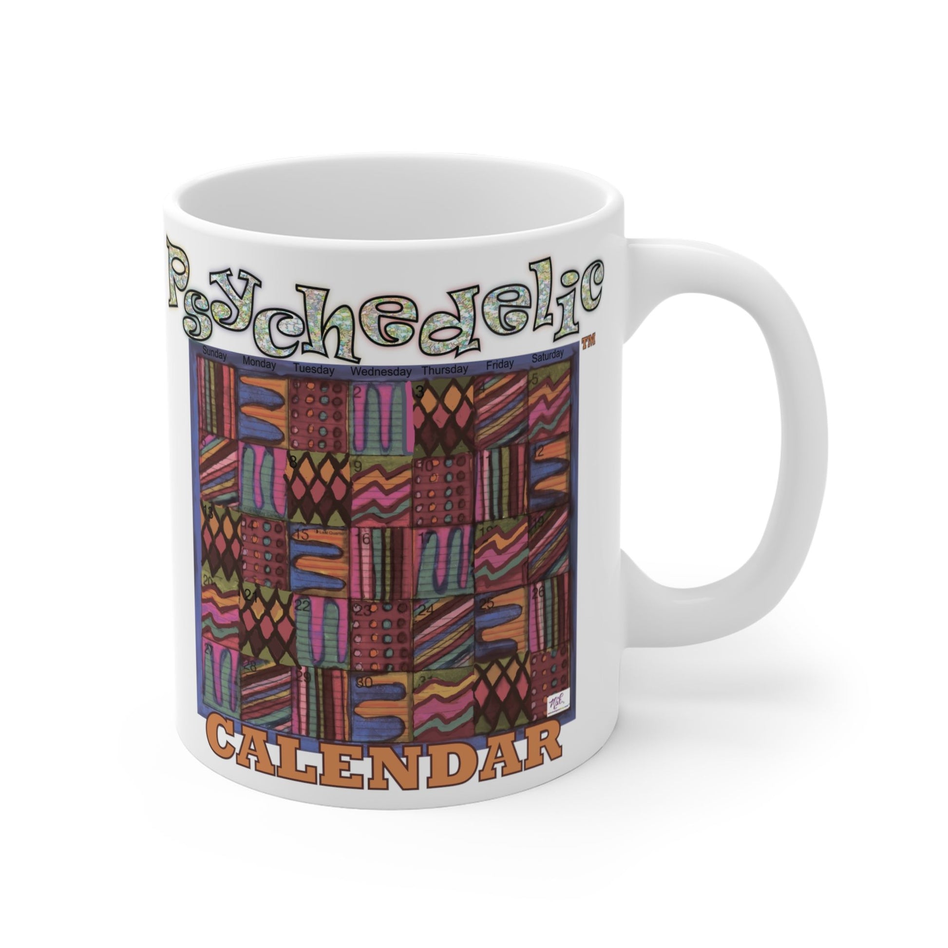 Mug 11oz: Psychedelic Calendar(tm)-Muted- MiE Designs Shop. Subdued mazes switch day2day, Glittery top letters, block style below. Right view