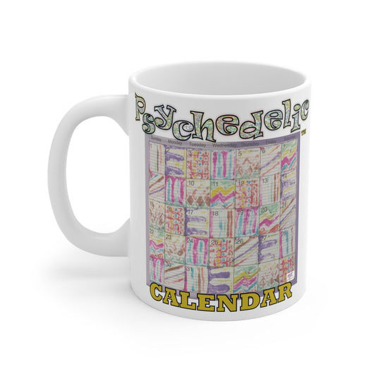 Mug 11oz: Psychedelic Calendar(tm)-Seeped- MiE Designs Shop. Pastel mazes switch day2day, Glittery top letters, block style below. Left view