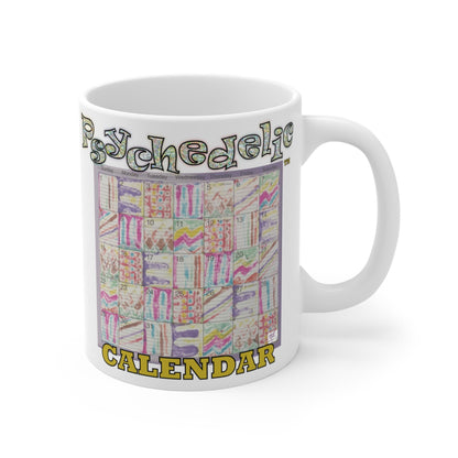 Mug 11oz: Psychedelic Calendar(tm)-Seeped- MiE Designs Shop. Pastel mazes switch day2day, Glittery top letters, block style below. Right view